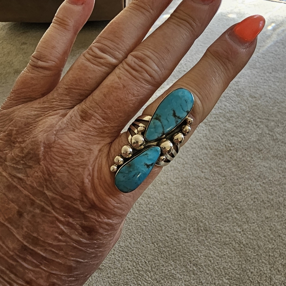 Statement blue turquoise sterling silver 2-stone ring